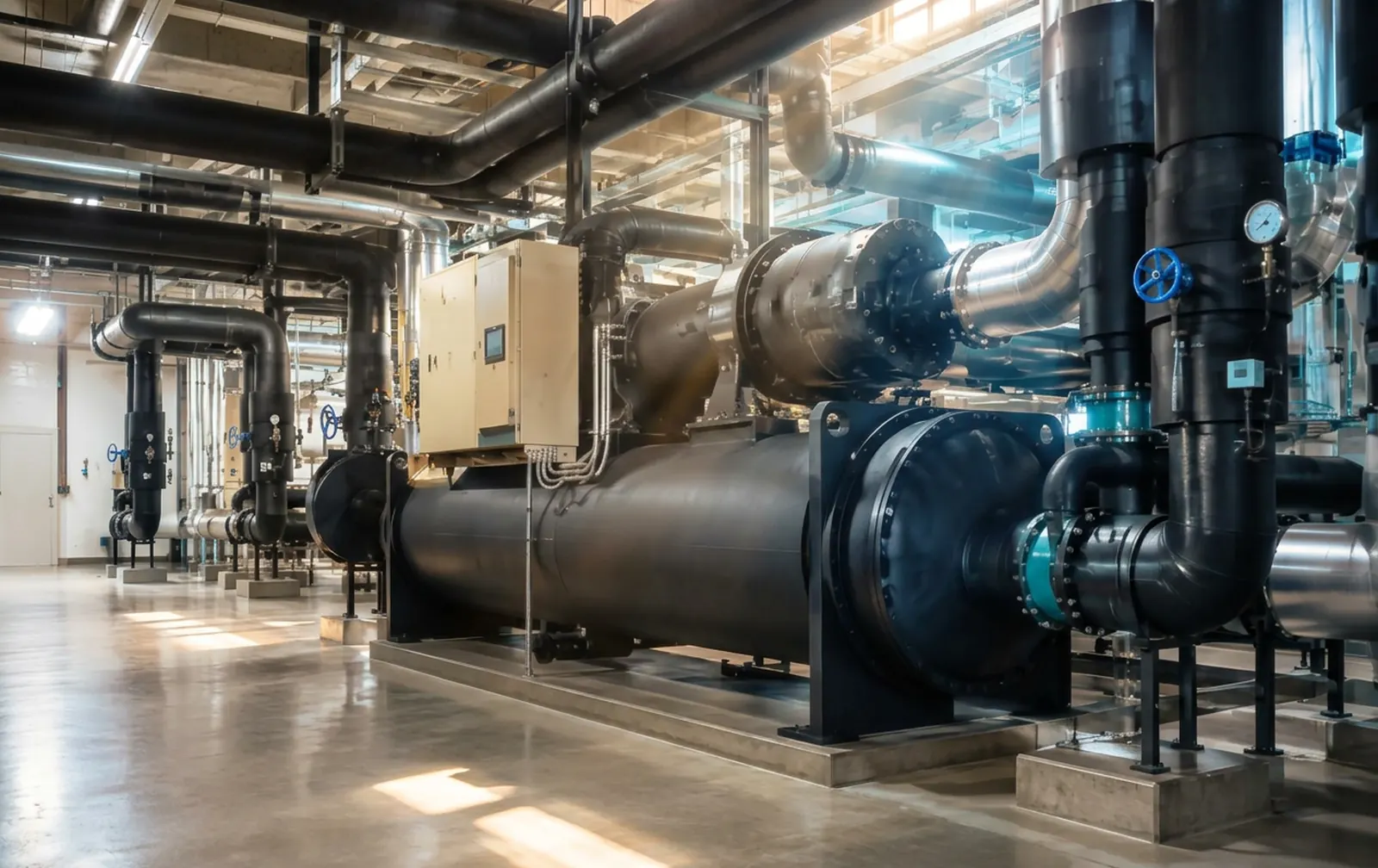 Water-cooled chiller with insulated chilled-water piping, valves and control panel in a mechanical plant room
