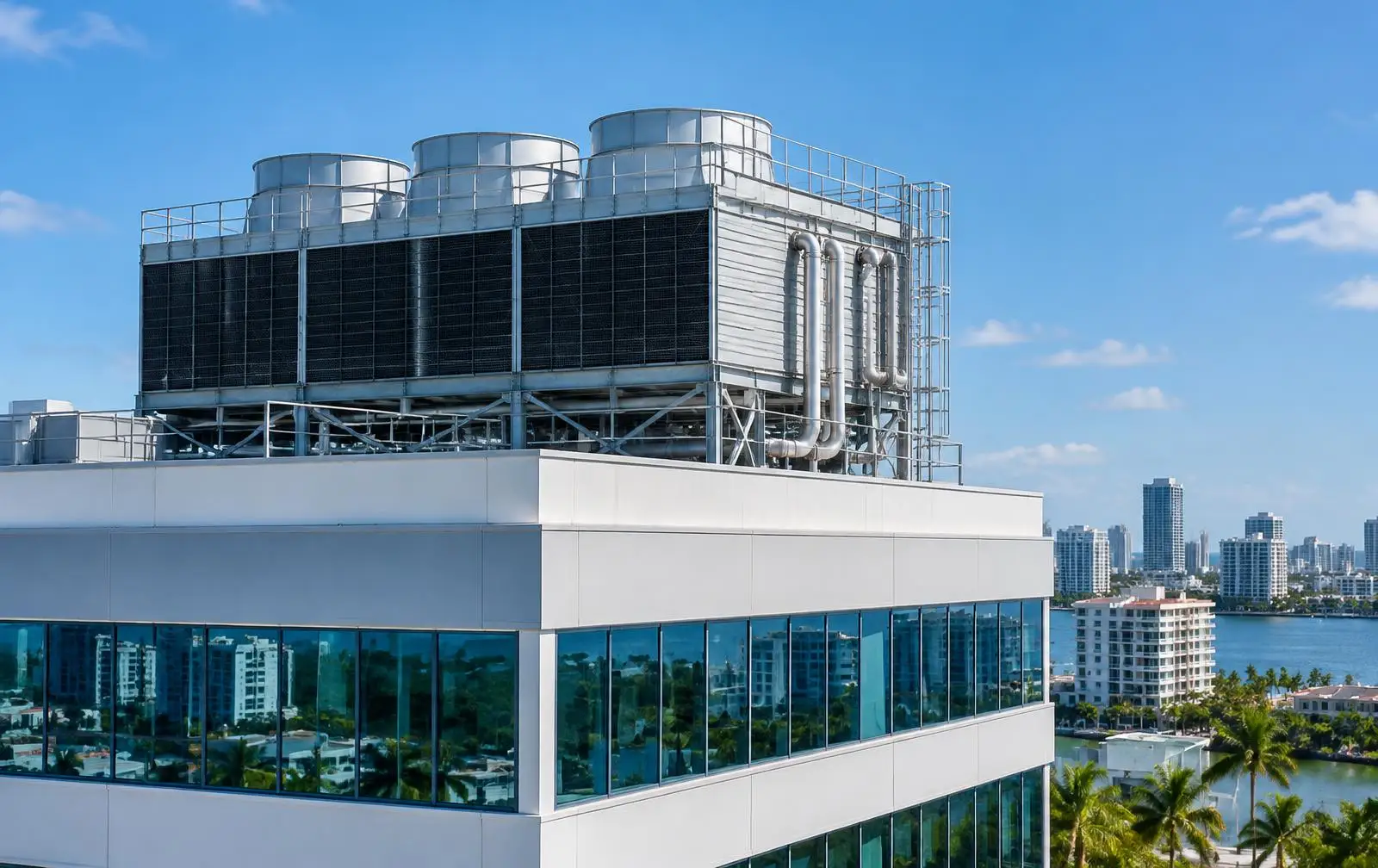 Multi-cell cooling tower on the roof of a glass office building overlooking Biscayne Bay