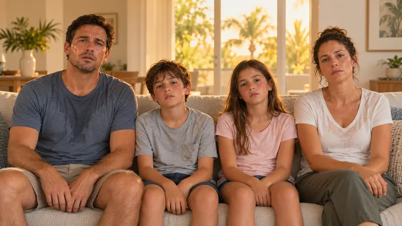 Illustration: a family of four on a sofa looking hot, sweaty and uncomfortable
