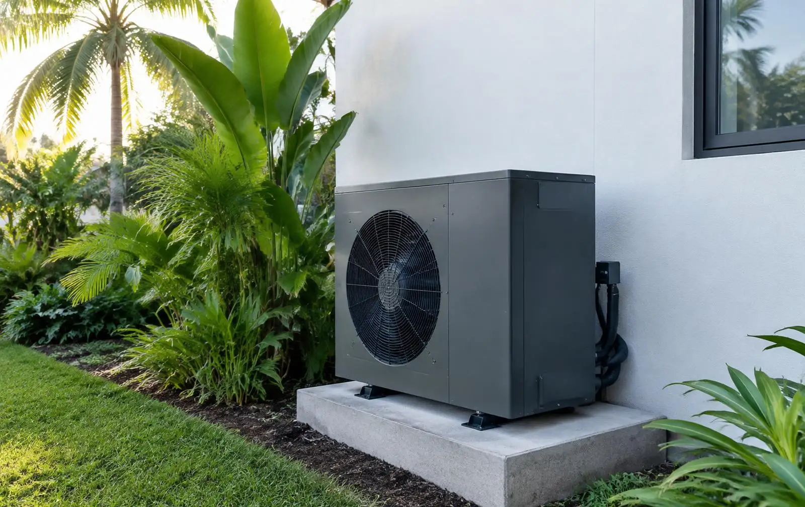 Outdoor heat pump unit on a concrete pad beside a white building with tropical plants