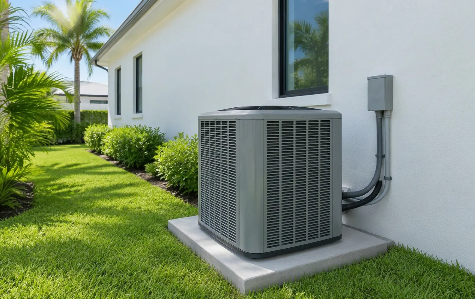 Newly installed air conditioning condenser on a concrete pad beside a white Florida house