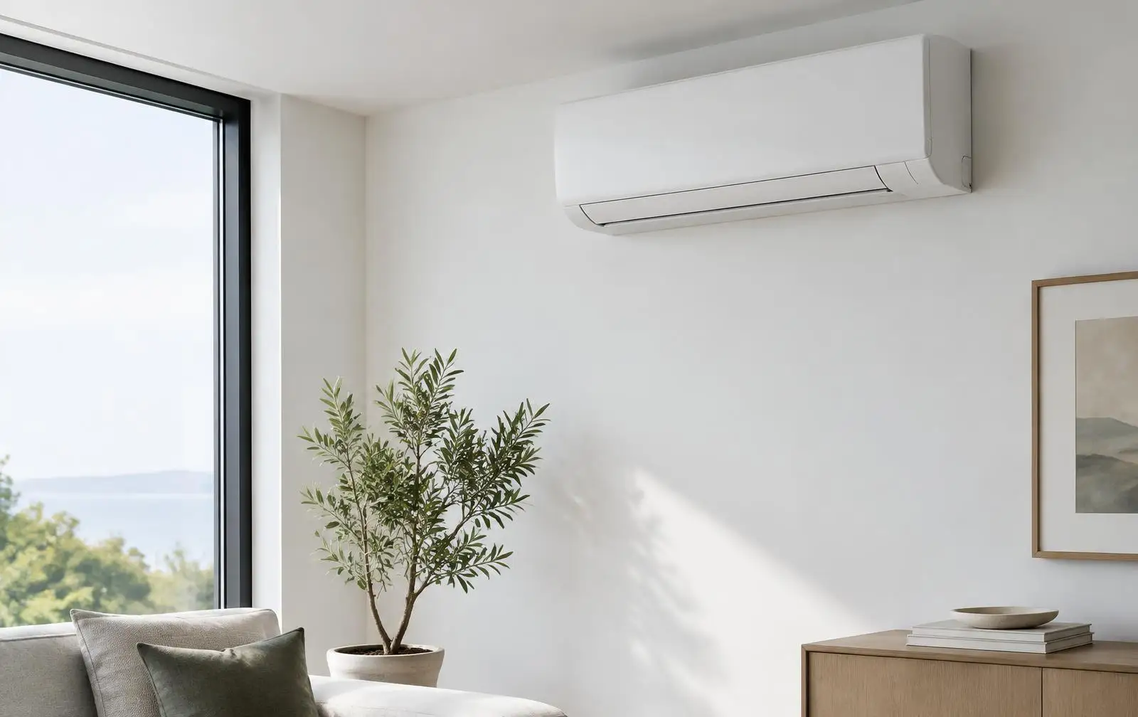 White ductless mini-split indoor head mounted high on a wall in a bright room