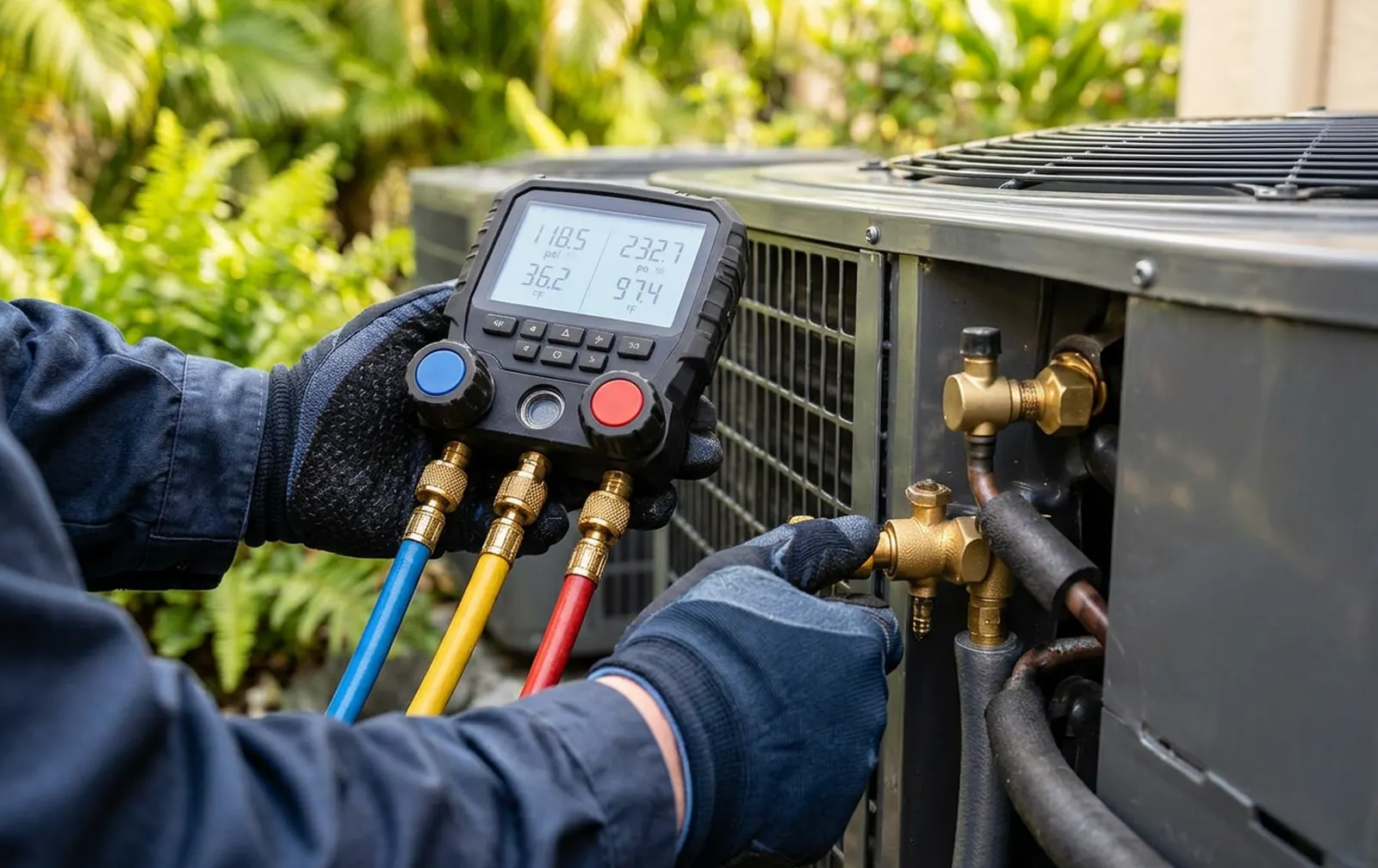 Technician's gloved hands connecting a digital refrigerant gauge to an outdoor AC unit's service valves