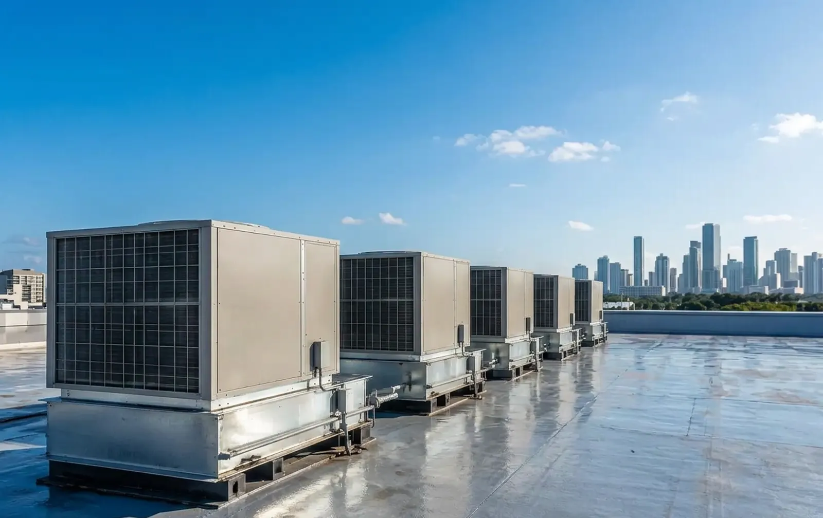 Row of packaged rooftop HVAC units on a flat commercial roof with the Miami skyline on a sunny day
